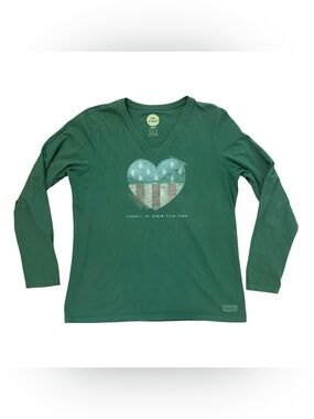 Life Is Good Women’s Large Green V-Neck LS Tee “There’s No Place Like Roam”